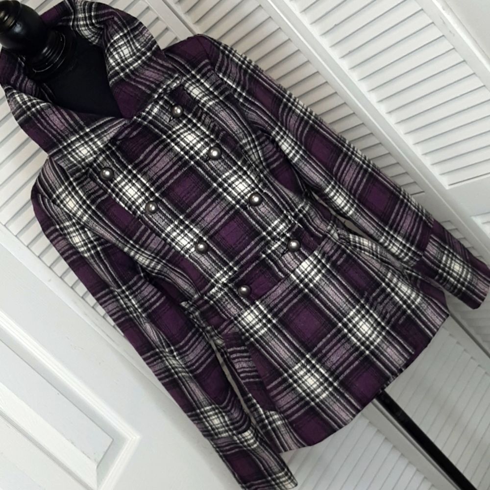 Jou Jou Purple Plaid Double-Breasted Pea Coat